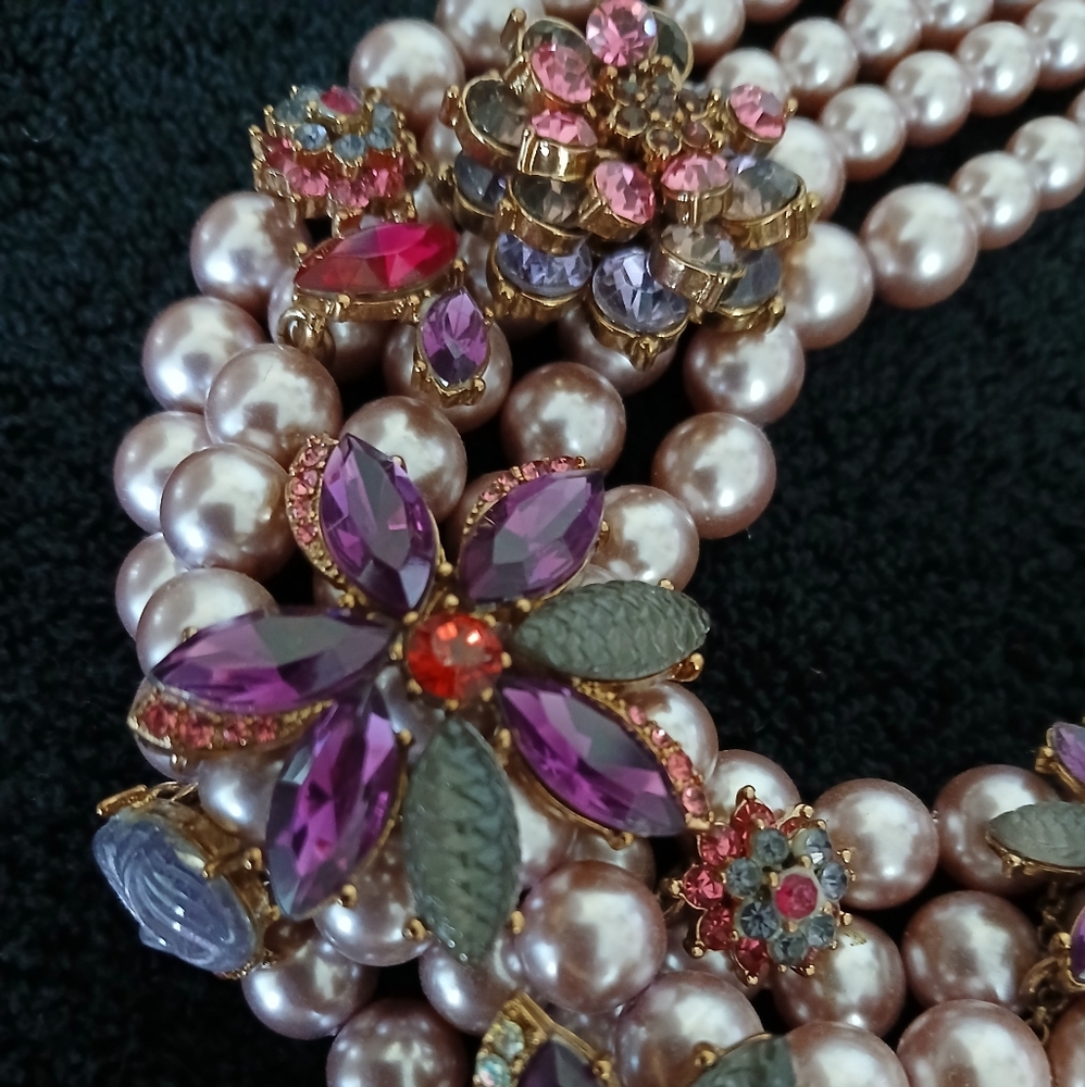 SALE! $100. Eye-catching Vintage Betsey Johnson Purple and Gold Floral Necklace